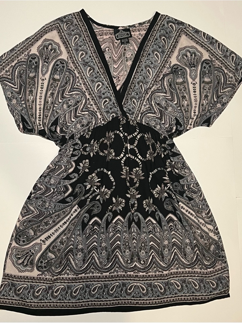 Angie Large Boho Paisley Border Print Kimono Sleeve Rayon Tunic Blouse
